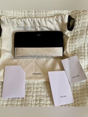 Celine Black & Silver Bicolor Color Block Continental Large Zip Wallet, NWT